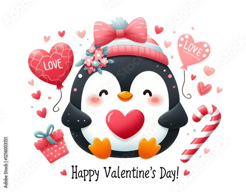 Vector Hand drawn illustration character cute cartoon penguin in a hat with pink heart for Valentine day Watercolor style, clipart isolated on white backgroud with clipping path.