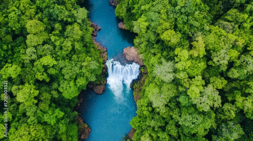 Aerial view of lush rainforest waterfall cascading into turquoise river, ideal for travel brochures Aerial view of lush rainforest waterfall cascading into turquoise river, ideal for travel brochures