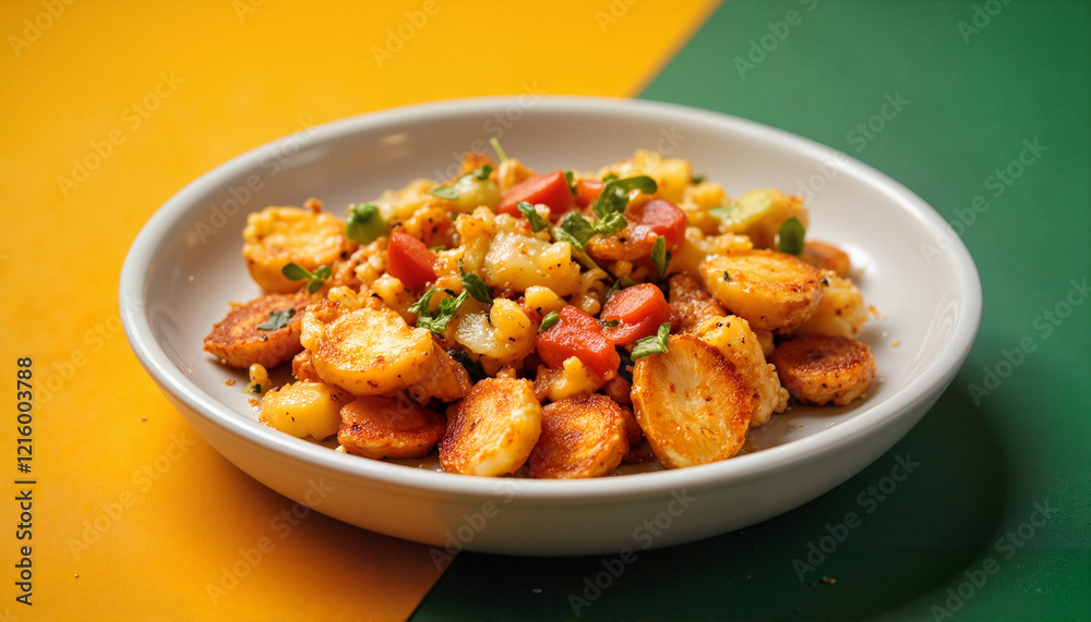 Colorful bowl of mixed roasted vegetables with herbs Colorful bowl of mixed roasted vegetables with herbs