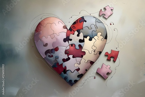 a heart split into puzzle pieces, with some pieces missing and others misplaced, symbolizing obsessive doubts about love and relationships photo