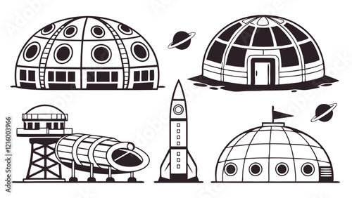 Flat Icons Silhouettes Representing Space Habitats, Moon Bases, Mars Domes, and Aliens