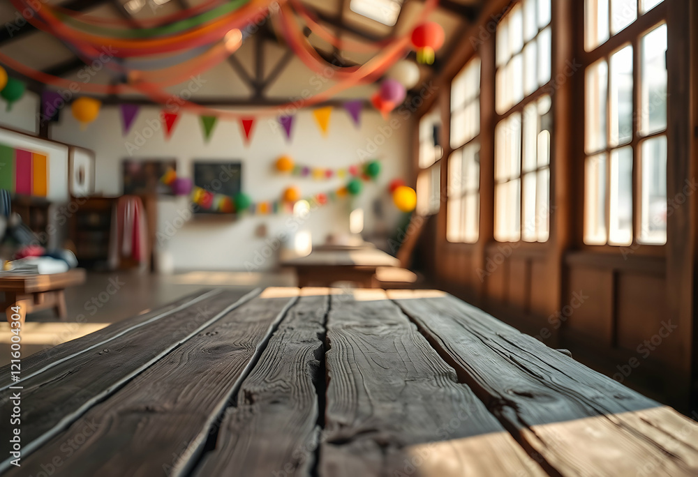 Rustic wooden table in foreground, blurred festive background, colorful paper lanterns hanging, sunlight streaming through window, cozy interior, warm atmospheric lighting, vintage classroom or commun Rustic wooden table in foreground, blurred festive background, colorful paper lanterns hanging, sunlight streaming through window, cozy interior, warm atmospheric lighting, vintage classroom or commun
