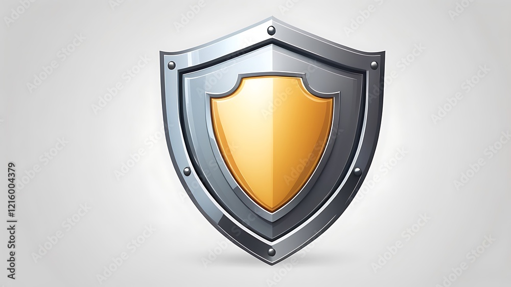 A shield icon with a glossy metallic finish, 3D rendered, isolated on white. A shield icon with a glossy metallic finish, 3D rendered, isolated on white.