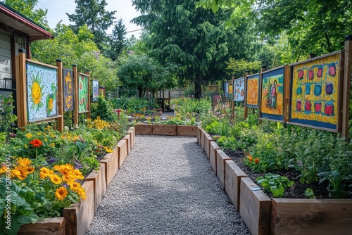 A school garden adorned with children's artwork, symbolizing creativity and a connection to nature in education