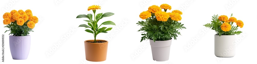 Flower pot isolated collection concept. Colorful yellow flowers in various pots, showcasing a vibrant display of nature's beauty and greenery. Flower pot isolated collection concept. Colorful yellow flowers in various pots, showcasing a vibrant display of nature's beauty and greenery.