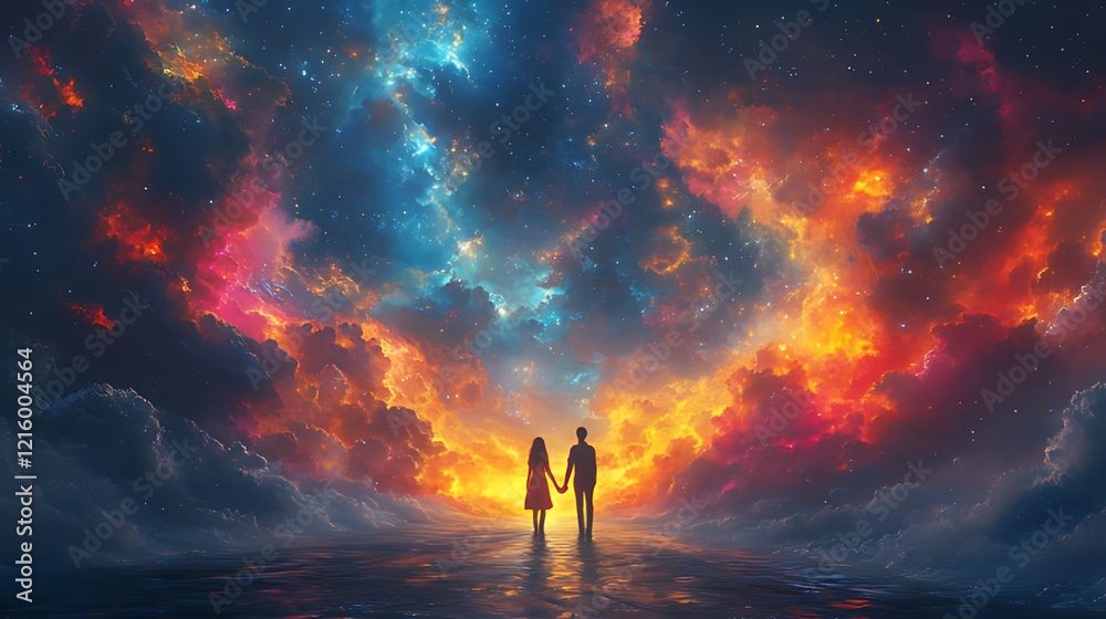 Fototapeta premium Couple holding hands, cosmic sunset, fantasy sky, reflection, romance artwork