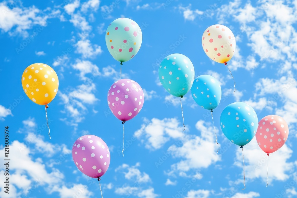 Fototapeta premium Colorful polka dot balloons floating against a bright blue sky