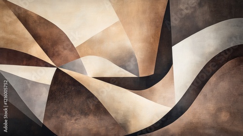an abstract composition of overlapping geometric shapes in varying shades of mocha mousse, with soft gradients and textures resembling polished stone, creating a modern and elegant feel