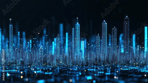Digital Cityscape Neon Blue Skyline Glowing Lightscape Modern Design