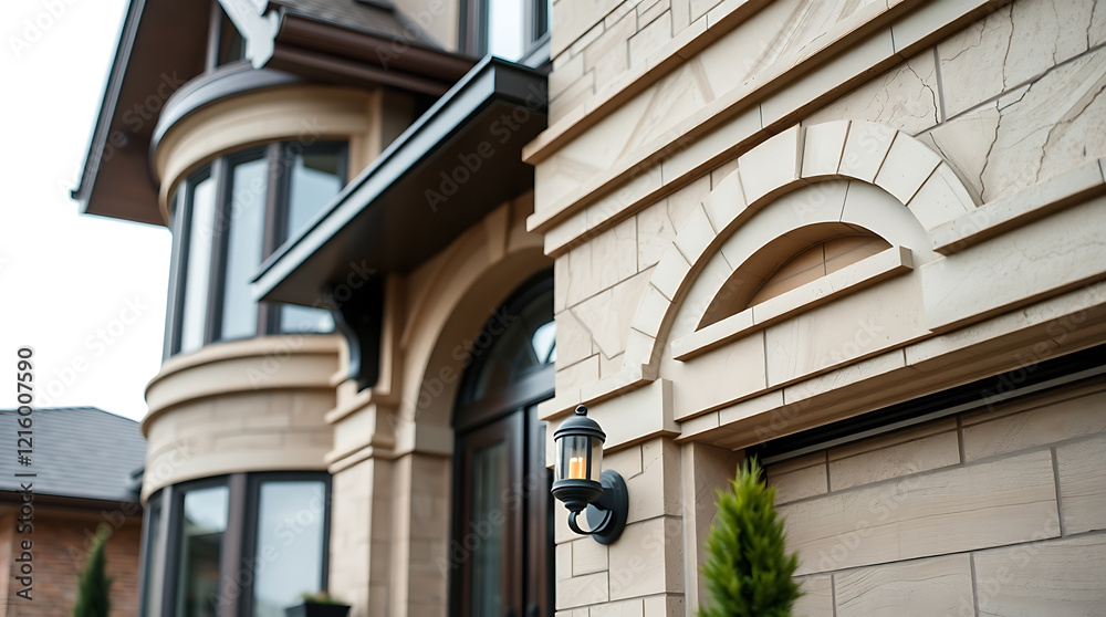 Luxury Home Exterior: Elegant Stone and Brick Facade Design. Modern Architecture, Residential Property, Curb Appeal Luxury Home Exterior: Elegant Stone and Brick Facade Design. Modern Architecture, Residential Property, Curb Appeal