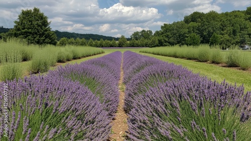 A lavender farm with rows of vibrant purple flowers stretching into the horizon