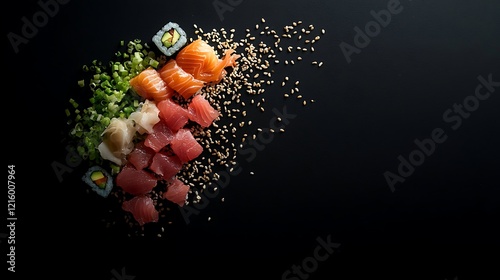 Delicious sushi assortment, dark background, restaurant menu