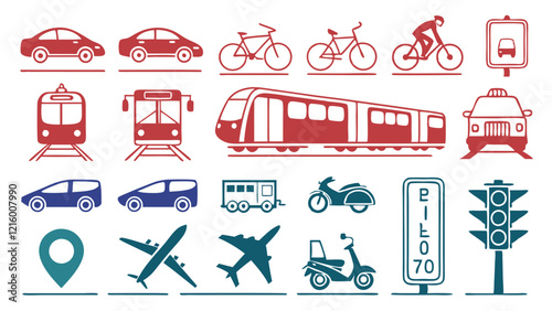 Flat Icons Silhouettes of Modern Transportation: Electric Cars, Hyperloop, and Autonomous Mobility