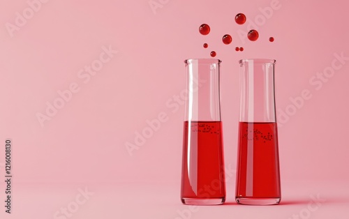 Wallpaper Mural 3D illustration of two test tubes filled with red liquid, with floating spheres emerging from the open glass vials. The test tubes are positioned in front view against a soft pink background Torontodigital.ca