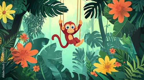 Fototapeta Naklejka Na Ścianę i Meble -  Cartoon monkey swinging on ropes in lush jungle with large flowers and green leaves art style