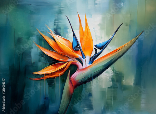 A vibrant bird of paradise flower is depicted against a textured, abstract background of teal and green hues.  The painting showcases the flower's bold orange and blue tones with visible brushstrokes.