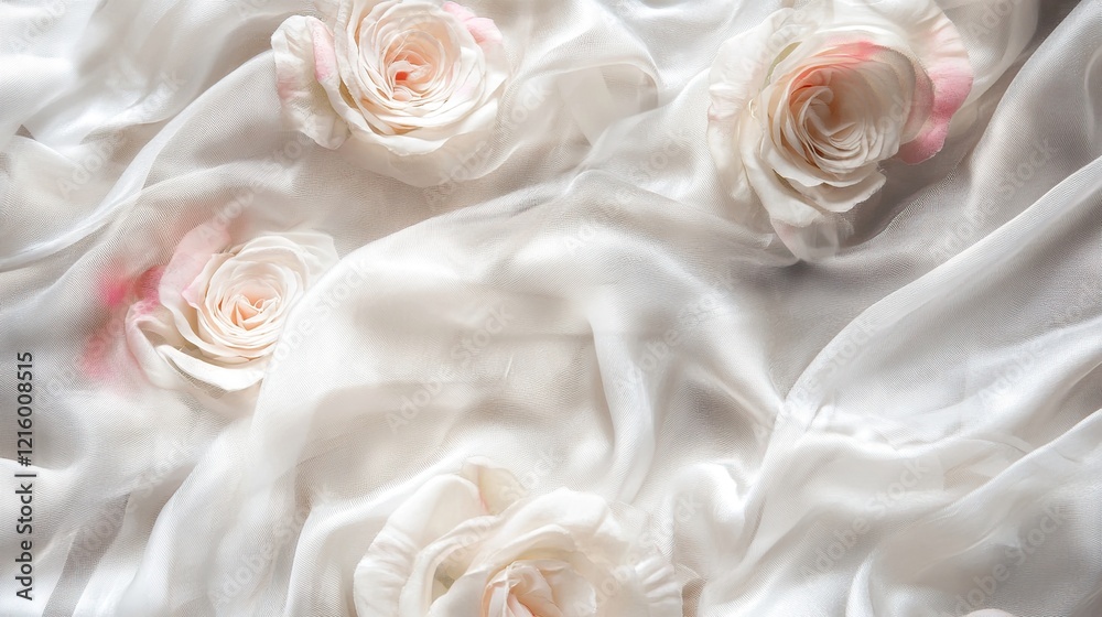 Soft white roses on draped silk fabric. Soft white roses on draped silk fabric.