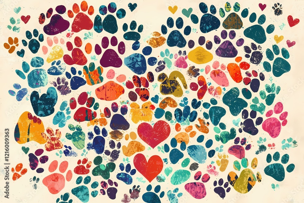 Fototapeta premium Colorful paw prints and hearts pattern on a light background abstract art style design
