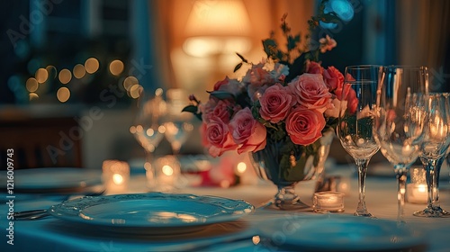 Romantic dinner - table setting for Valentinea??s Day. photo