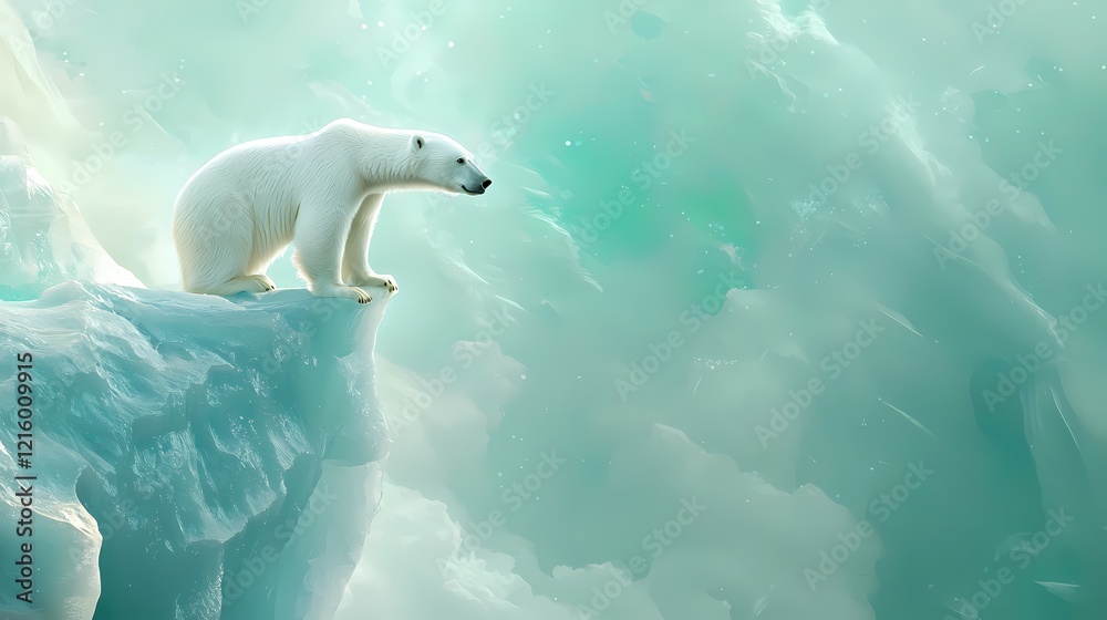 Naklejka premium Polar bear standing on ice cliff edge with soft light and abstract background in pale green