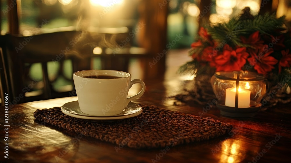 Fototapeta premium Warm Evening Coffee with Cozy Candlelight and Flowers