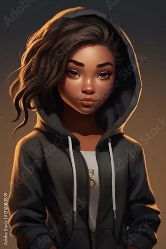 A beautiful cartoon black girl, wearing a grey sweatshirt, with a straight haircut, brown eyes 