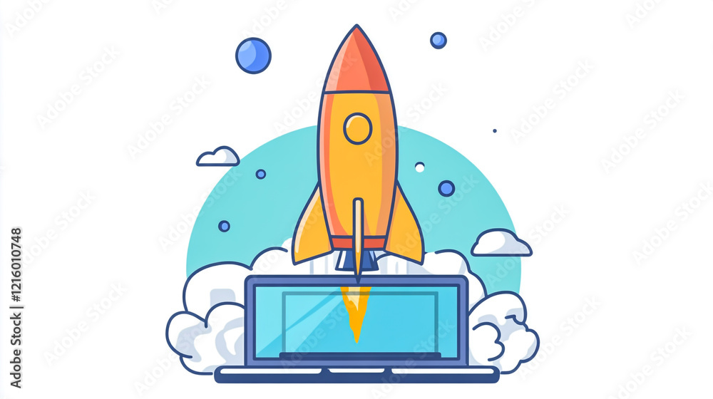 Fototapeta premium Launching Space Rocket From Laptop Screen isolated on white background.