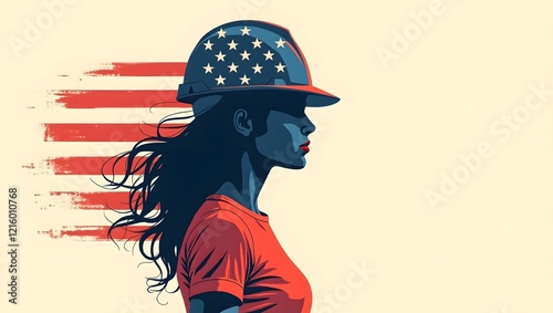 Retro-style illustration of a female worker, reminiscent of Rosie the Riveter, with an American flag backdrop. Perfect for Labor Day, women's empowerment, and US manufacturing themes. photo