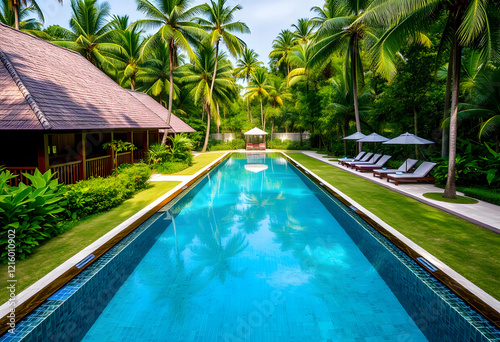 Wallpaper Mural Aerial view of tropical paradise, pristine turquoise ocean, golden sandy beach, lush green coastline, bright sunlight, fluffy white clouds, vibrant blue sky, crystal clear water, summer vacation desti Torontodigital.ca