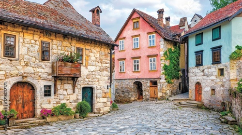 Cobblestone street, medieval town, colorful houses, tourism, postcard