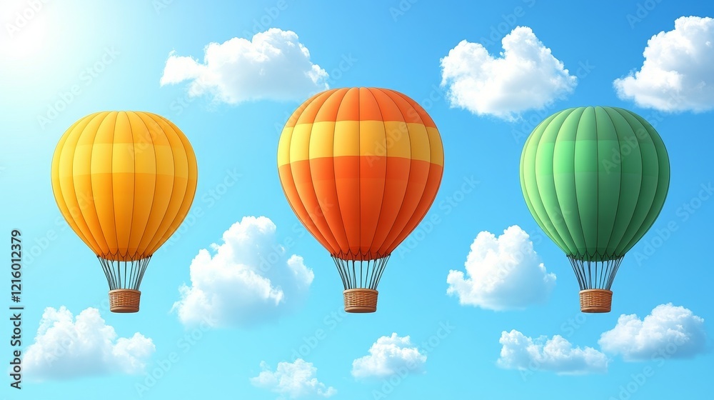 Obraz premium Three vibrantly colored hot air balloons ascend against a sunny sky