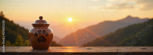 Pet funeral urn at sunset over mountains
 photo