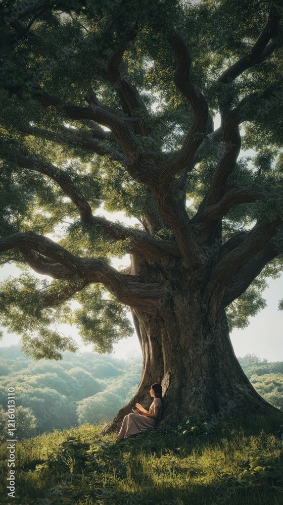 Woman reading under majestic oak tree in sunlit forest setting Woman reading under majestic oak tree in sunlit forest setting
