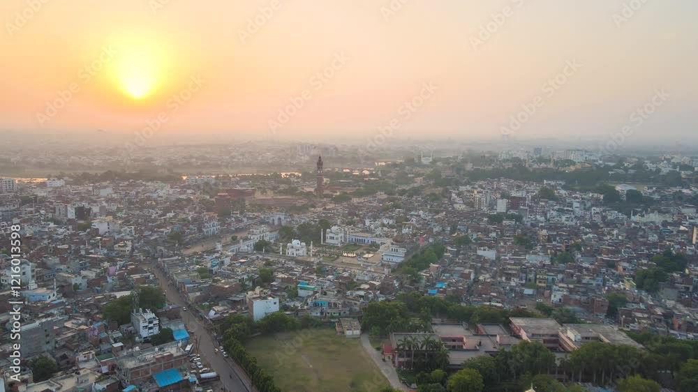 Drone shot of Lucknow city, capturing the grandeur of Jama Masjid and Chota Imambada at sunset. Drone shot of Lucknow city, capturing the grandeur of Jama Masjid and Chota Imambada at sunset.