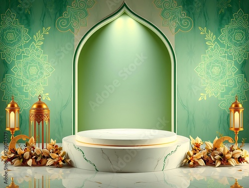 Elegant Green Islamic Marble Podium with Lanterns photo