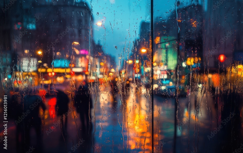 Naklejka premium Rainy City Night View with Blurry Lights and Silhouettes through a Wet Window