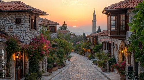 Sunset over a Charming Stone Street in a Picturesque Village
