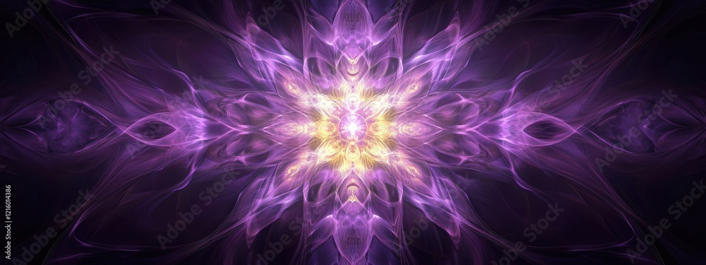 Ethereal Purple Light Patterns, Intricate glowing beams intertwining softly against a dark gradient backdrop, creating a mystical atmosphere