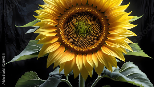 Majestic Yellow Sunflower with Velvety Petals and Golden Center on Black Background photo