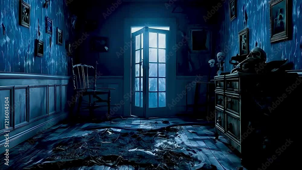 dark eerie abandoned room interior with decaying floor blue light coming through open door haunted house atmosphere