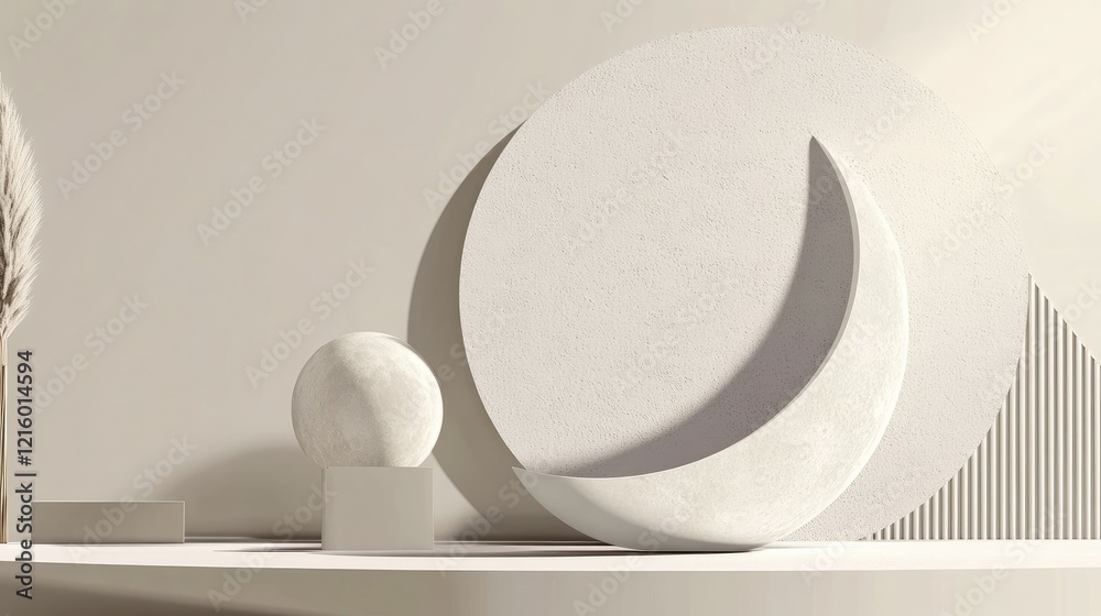 Serene Minimalist Composition: Moon, Sphere, and Pampas Grass in a Soft Light Studio Setting Serene Minimalist Composition: Moon, Sphere, and Pampas Grass in a Soft Light Studio Setting