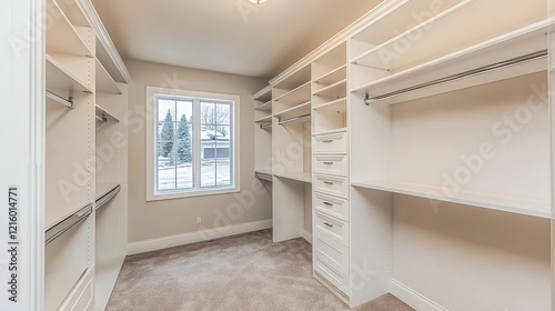 Spacious walk-in closet with ample shelving and hanging space, natural light from window.