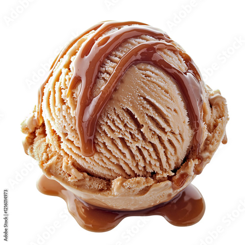 Caramel-drizzled ice cream scoop, dessert, studio shot, food photography, advertising photo