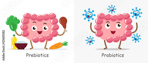 Prebiotics and Probiotics , Intestine cartoon character . Vector .