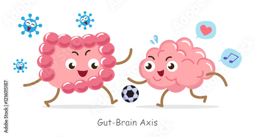 Gut-brain axis . Cartoon character of human brain and intestine . Concept about prebiotics and probiotics relate with brain function . Vector .