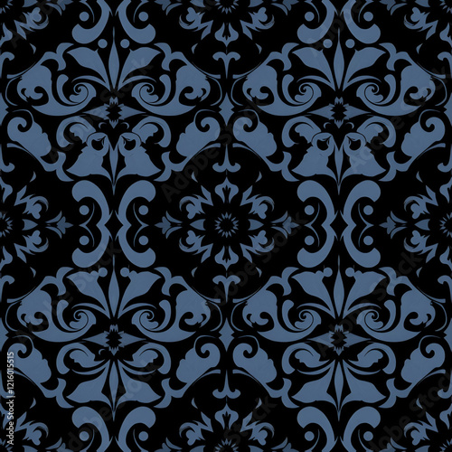 black, dodger blue and silver colors. dark seamless pattern for website background. vintage graphic for wallpaper, prints, fabric tiles or poster photo