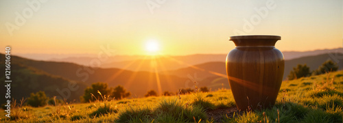 Human funeral urn against sunset backdrop in serene landscape