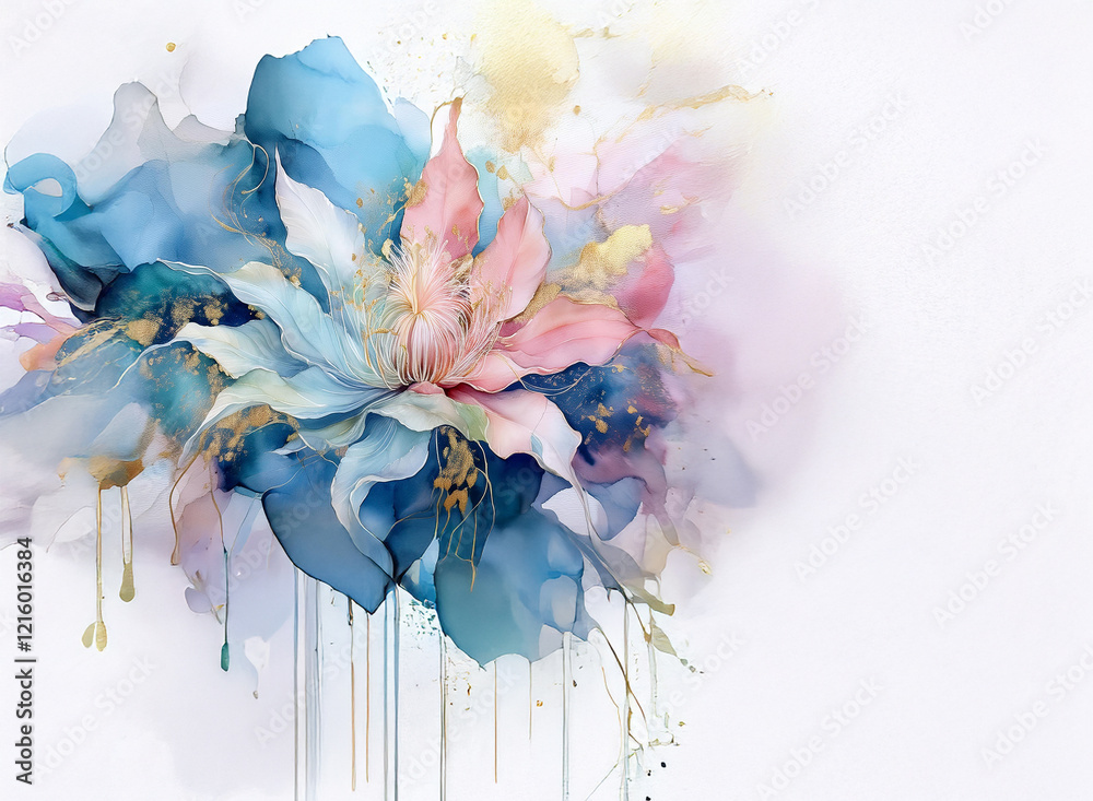 Fototapeta premium Abstract floral artwork. Soft pastel colors of pink, blue, and gold blend into a dreamy, flowing composition against a light background. Dripping paint adds texture.