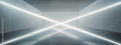 Ethereal Light Patterns, white beams crisscrossing in a minimalistic glow, softly illuminating a muted backdrop, creating a serene atmosphere