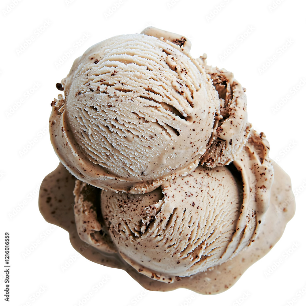 Fototapeta premium Two scoops coffee ice cream melting, close-up studio shot